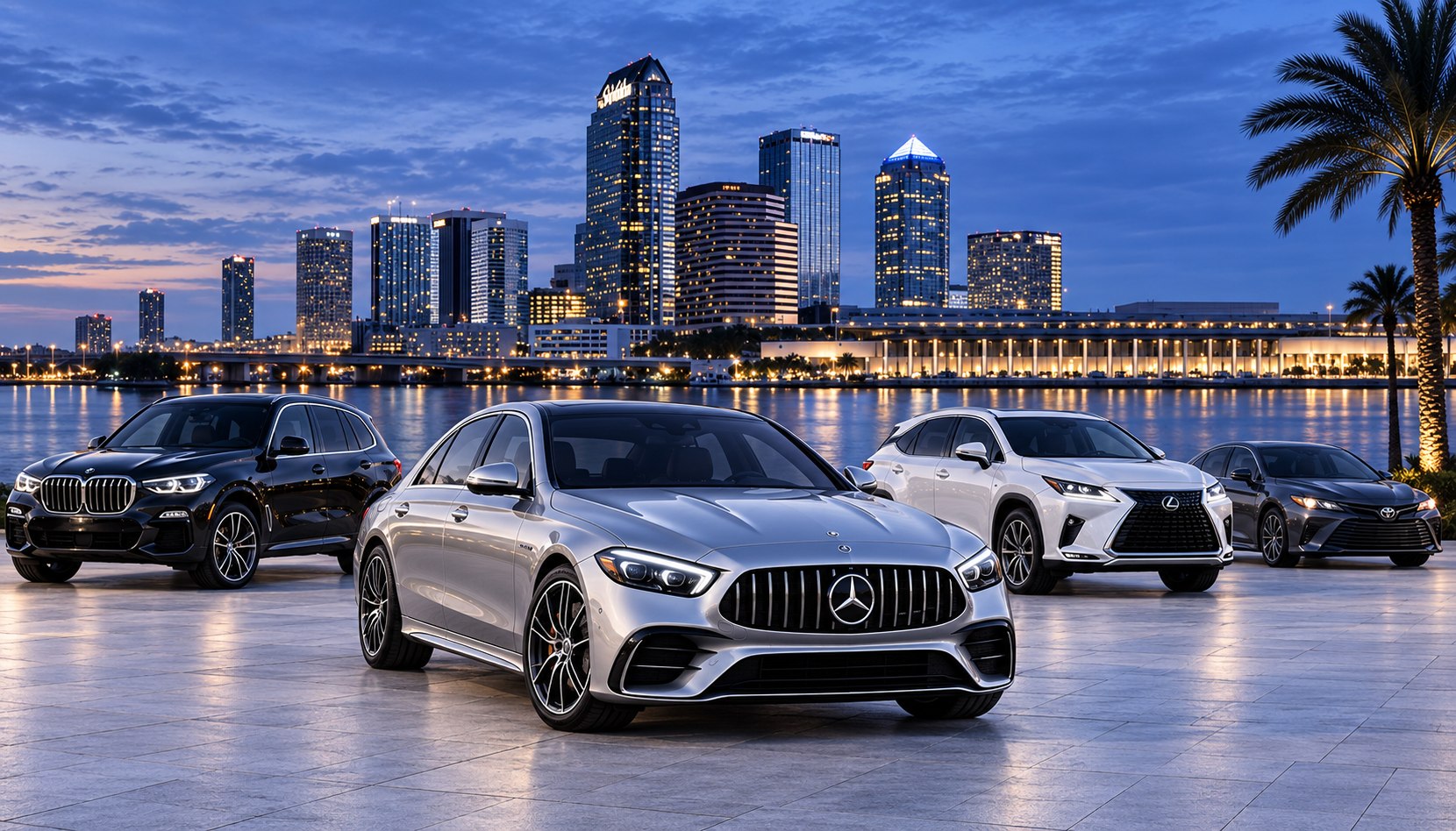 Illustrative Mercedes-Benz sedan leading a lineup of BMW, Lexus and Toyota vehicles against the Tampa waterfront skyline